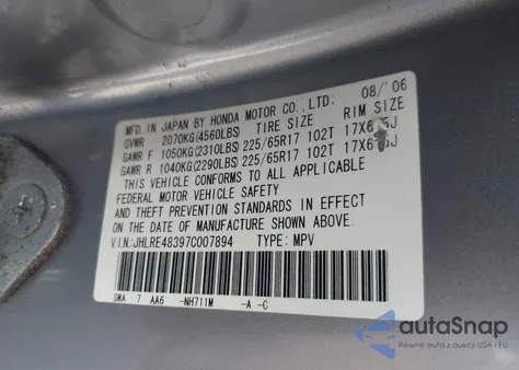 2007 Honda Cr-V Lx from USA, damaged, VIN JHLRE48397C007894